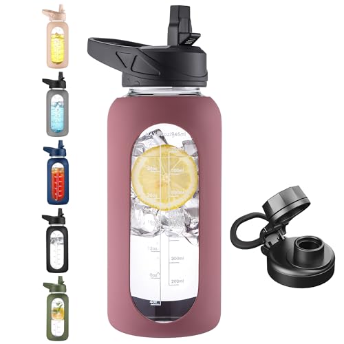 32 oz Glass Water Bottle with Straw (Rose Taupe / 32 Ounces)
