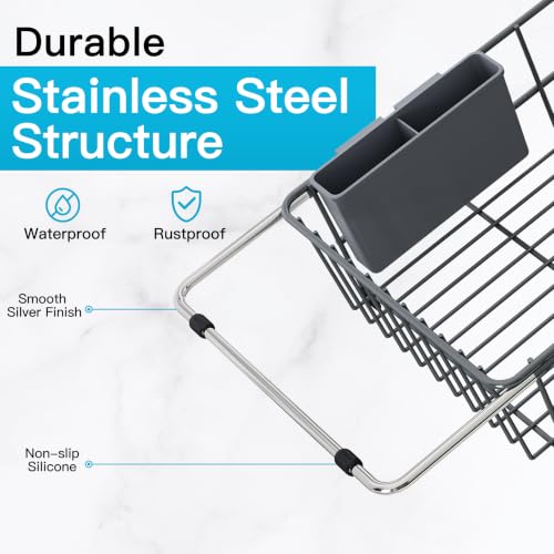 Gray Dish Drying Rack in Sink with Drainboard and Utensil Holder (Dark Gray / For 12"-30"w Sink, with Drainboard)
