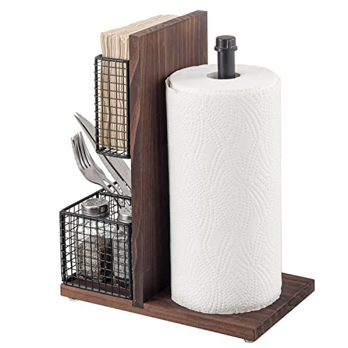 3-in-1 Kitchen Organizer with Paper Towel Holder, Napkin Holder & Spice Rack - Rustic Wood & Industrial Metal Pipe Caddy for Farmhouse Dining Table (Dark Brown Set)