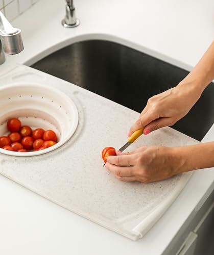 Over the Sink PolyFiber Flax Cutting Board with Collapsible Colander Strainer (Taupe)