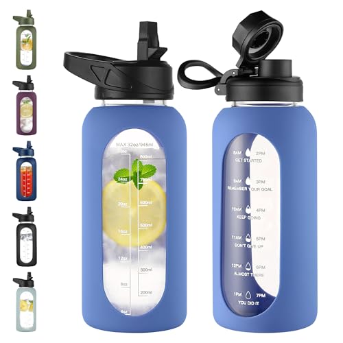 32 oz Glass Water Bottle with Straw (Wave Blue / 32 Ounces)