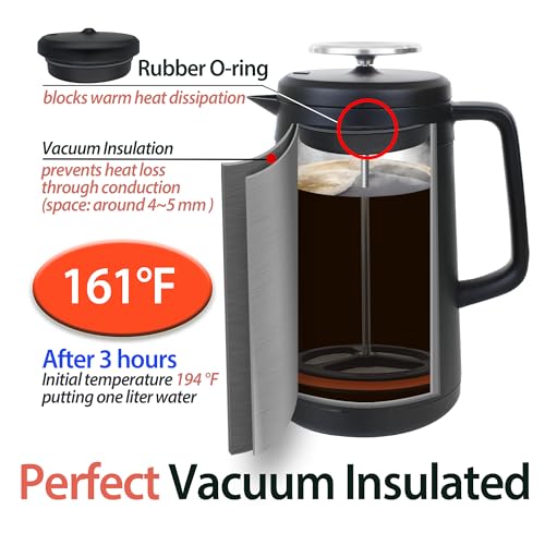 34oz Double Vacuum Insulation Large Silicone French Press Coffee Maker with Silicone Ring (Matte Black)