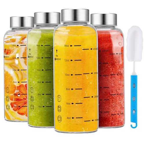 Glass Juice Bottles 4 Pack 16 oz (16 Ounces / 4 Pack Silver Lid)