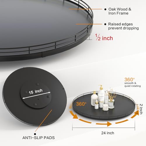 24 Inch Extra Large Oak Lazy Susan with Black Metal Rail (Black / 24)
