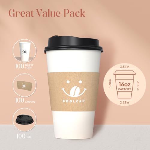 Coffee Cups with Lids and Sleeves (White-100packs / 16 oz)