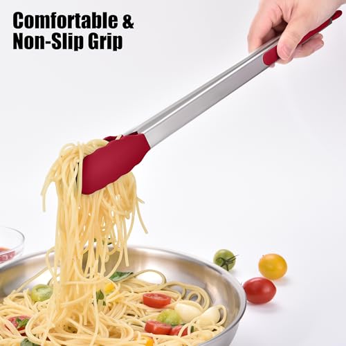 Kitchen Tongs with Silicone Tips for Cooking Serving (16in / Red)