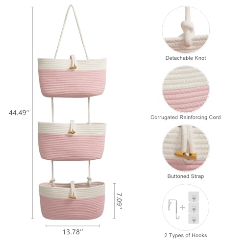 Over The Door Hanging Baskets with Button Strap (Pink+White / 3 tier+Button)