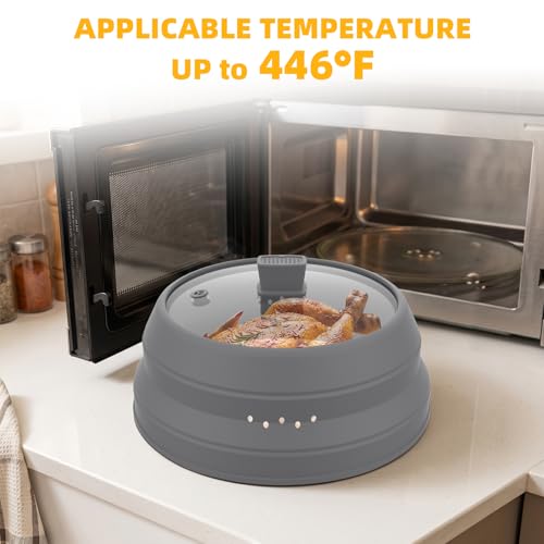Tall Microwave Splatter Cover Glass Cover Guard Lid 5.8 inch Height with Collapsible Silicone for Food Pot Plate 10.8 inch Grey (Taller style LIGHT GREY / 10.8 inch)