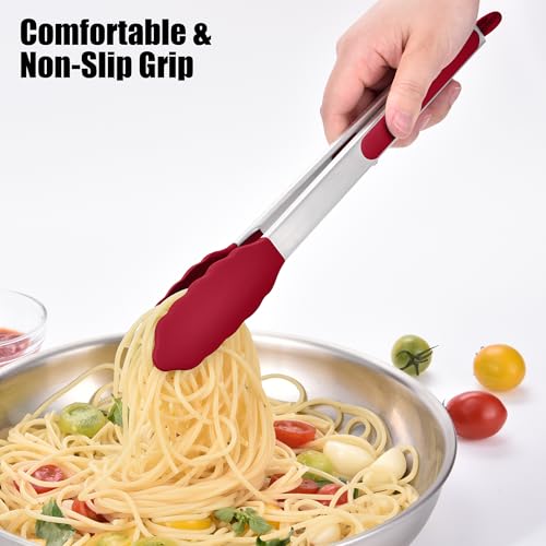 Kitchen Tongs with Silicone Tips for Cooking Serving (12in / Red)