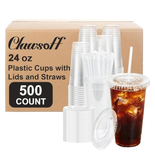 500 Pack 24 oz Clear Plastic Cups with Lids and Straws Disposable (Clear / 24 oz)