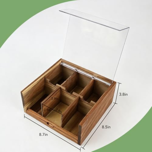 Acacia Wood Tea Bag Organizer Storage Box with 6 Compartments (Compact-Acacia Wood)