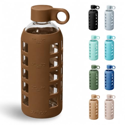 40oz / 32oz / 22oz / 12oz Borosilicate Glass Water Bottle with Time & Volume Markers, Silicone Sleeve, Stainless Steel Lid | Reusable Glass Bottle for Water & Juice (22oz Earth Brown) (Earth Brown / 22 Ounces)