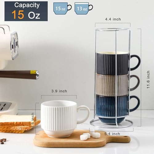 Coffee Mug Set of 4 with Holder (Mix-Color1 / 15 Ounces)