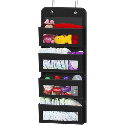 4 Clear Window Pocket Over Door Hanging Organizer (4 Pockets / Black)