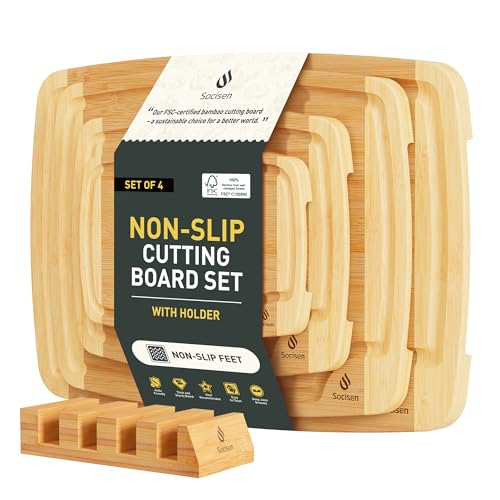 Bamboo Cutting Board Set Non Slip Feet with Holder Over Sink Men Birthday Christmas Valentines Father Day Gifts Ideal from Wife Romantic Anniversary Best Cool Gadget Awesome Who Have Everything (4 Pack with Holder / Two-Tone Bamboo)