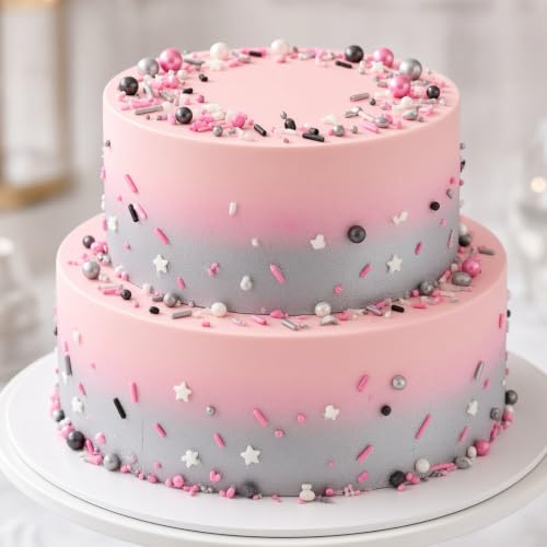 Silver & Black & Pink & White Sprinkles Mix Size Pearls Mouse Rock Themed Cake Decorations Cupcake Toppers Perfect for Wedding Valentine Supplies 4.58OZ (Silver&Black& Pink&White)