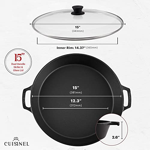 Cast Iron Skillet + Glass Lid + Red Chainmail Scrubber (Dual Handle Skillet + Glass Lid / 15")