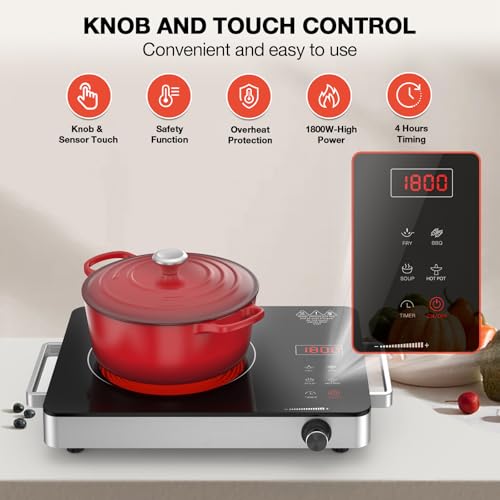 Electric Cooktop Portable Stove Single Burner 1800W Hot Plate Timer (Silver Single Burner)