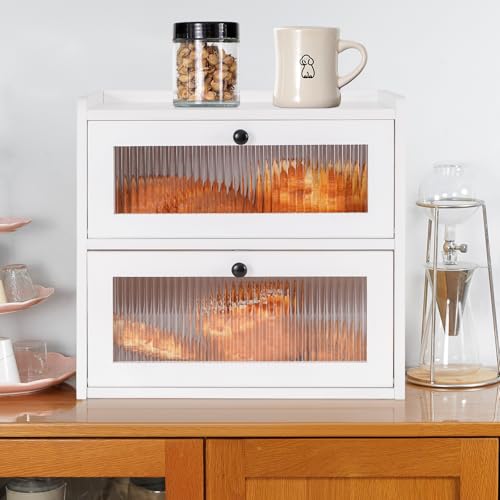 Bread Box for Kitchen Countertop Wooden Bread Storage Container Bin 2 Layer Breadbox Holder Large Capacity Keeper Vintage Farmhouse Food Organizer Pantry Shelf Acrylic Window (White)