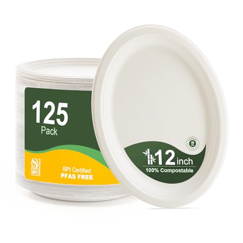 100% Compostable Oval Paper Plates 12 Inch (White / 12Inch（125 PCS）)