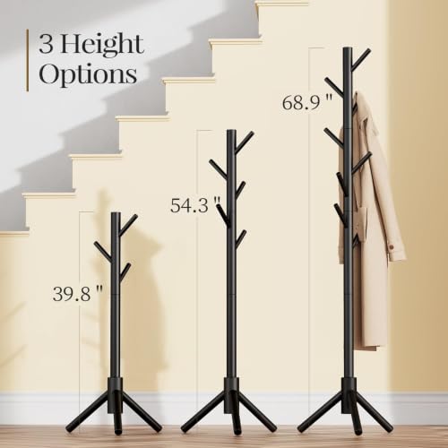 Solid Wooden Coat Rack Freestanding with 8 Hooks (Black)