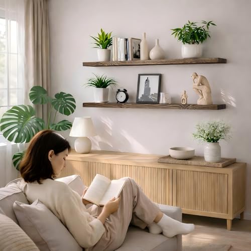 Floating Shelves 60 inch Long 8 "deep Set of 2 (Distressed Black Walnut / 60'' x 8''x 2''(set of 2）)