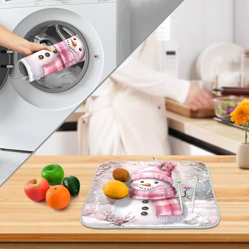 Winter Pink Snowman Dish Drying Mat for Kitchen Counter Absorbent Microfiber Christmas Large Drying Pad Dish mats for Kitchen Countertops 18 x 24 Inch (Christmas Pink Snowman / 24" x 18")