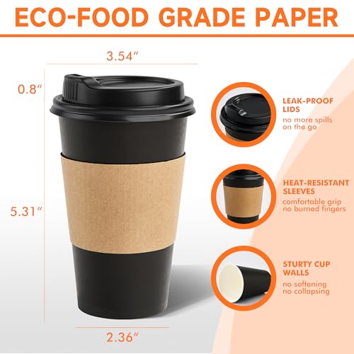 50 Pack 16 oz Disposable Coffee Cups with Lids and Sleeves (Black / 16 oz)