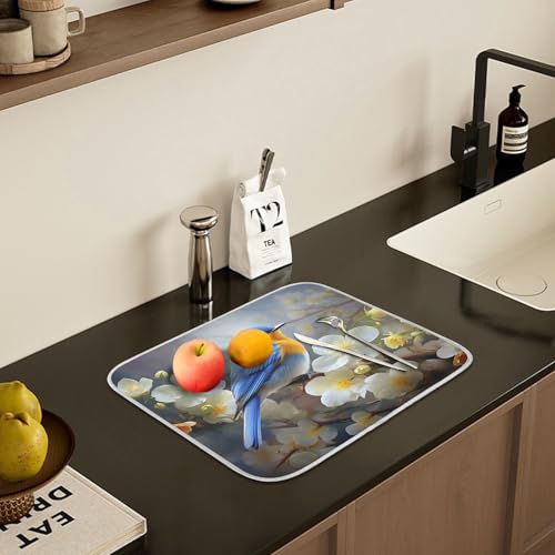 Spring Blue Yellow Flower Bluebird Butterflies Dish Drying Mat for Kitchen Ccounter Absorbent Microfiber Small Drying Pad Dish Mats for Kitchen Countertops 16 x 18 Inch (18" x 16")