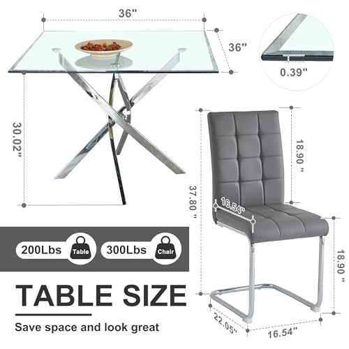 5 Piece Square Glass Dining Table Set (Square Table - 4 Silver Grey Chairs)