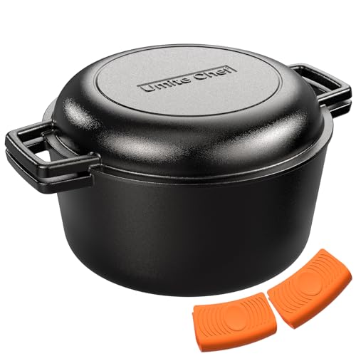 2-in-1 Pre-Seasoned Cast Iron Double Dutch Oven Pot with Skillet Lid & Silicone Sleeves – Raised Rib Skillet Lid– Umite Chef 7QT Cast Iron Skillet Cookware Pan Set wirh Dual Handles – Oven, Grill, Campfire & Stovetop Safe –PFAS-Free (7QT)