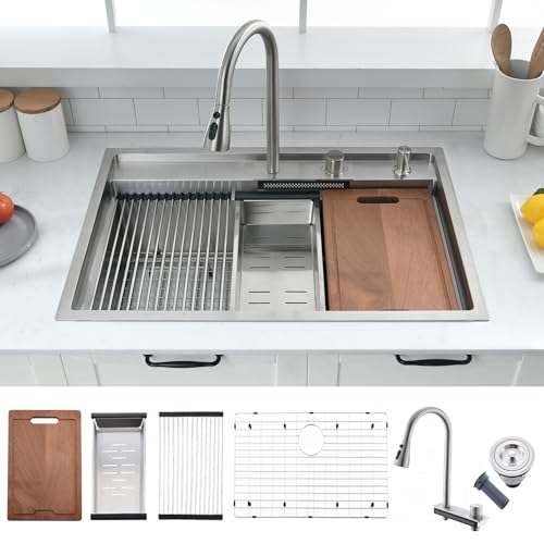 30 inch Drop in Kitchen Sink with Faucet Combo (30"L x 22"W x 10"D / Stainless Steel（Waterfall）)