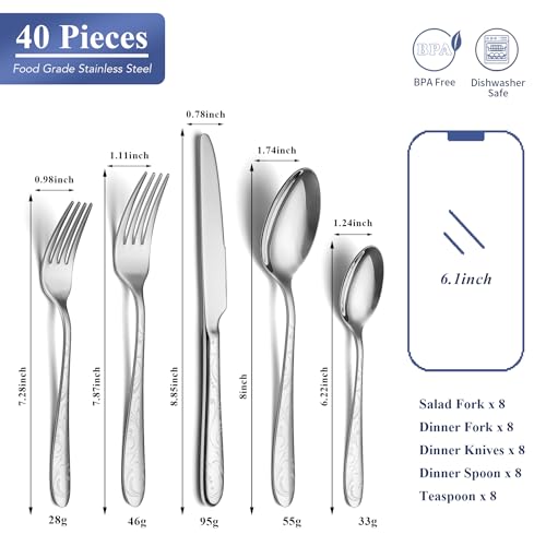 40 Piece Silverware Set Service for 8 (Silver Leaves)