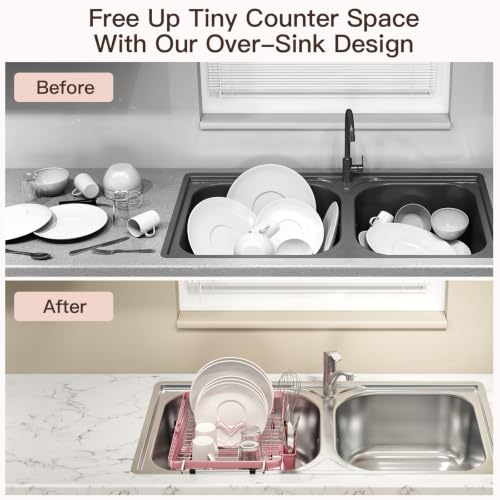 Pink Expandable Dish Drying Rack Over Sink with Extra Drying Mat (Pink / For 13"-30" W Sink with Mat)