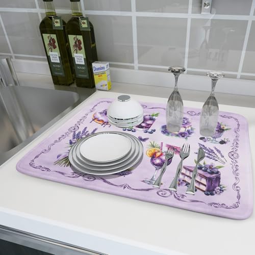 Purple Coffee Matt for Counter Sweet Dish Drying Mats for Dessert Lover Large Size Absorbent 18 X 24 In (Dreamy Dessert Purple / 24" x 18")