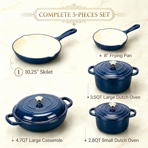 5 Piece Navy Blue Enameled Cast Iron Cookware Set (Navy Blue B)