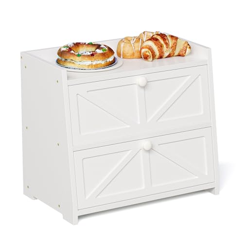 Vintage Double Layer Bread Box for Kitchen Counter Bamboo Bread Storage Container Large Capacity Bread Storage Bin (White)