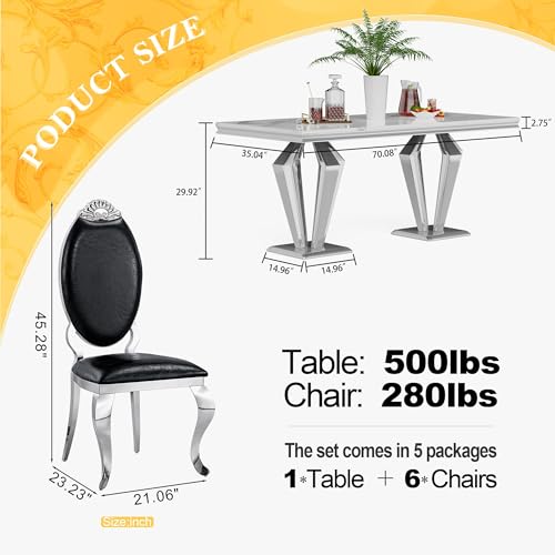 7 Piece Luxury Dining Room Set (Silver White + Black / Dining Table + 6 Carved Chair)