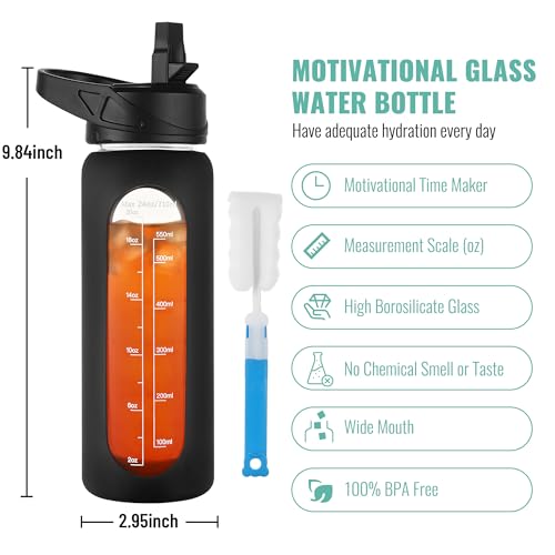 24 oz Glass Water Bottle with Straw (Black / 24 Ounces)
