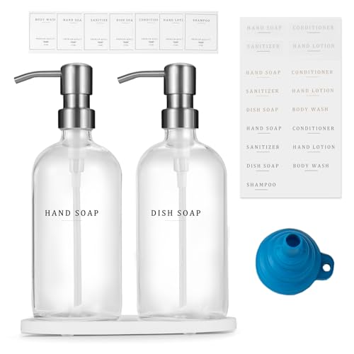 Glass Soap Dispenser (Clear Bottle/Brushed Silver Pump + Tray + Funnel)