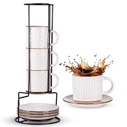6 OZ Coffee Mugs with Saucer and Stand (Off-White / 6 Ounce (With Stand))