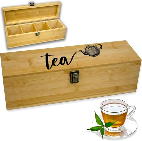 Tea Organizer Box Food Safe Bamboo Wood Chemical Free Big (4-Slot Across / Tea Pot)