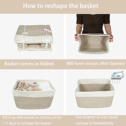 Woven Cotton Rope Storage Baskets 15x10x9.3" 3 Pack White and Brown (white and brown)