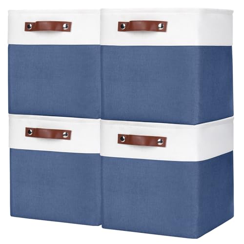 Collapsible Fabric Storage Cubes 11x11 Cube Storage Bins (NavyBlue / Off-White / Cube - 11"x11"x11")