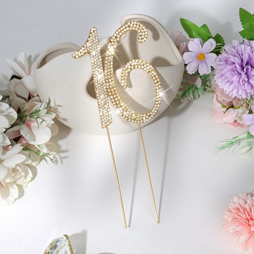Gold Sweet 16 Cake Topper Rhinestones Cake Decorations (16th- Gold)