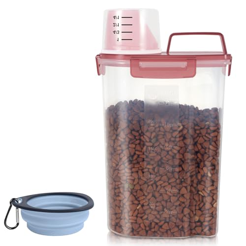 3-5Lbs/3Qt Dog Cat Storage Container Portable with Upgraded Large Spout and Cup. Plastic Pet Food Dispenser for Small Animal Kibble, Bird Seed, Oatmeal, Rice, Flour, Brown Sugart (Clear PInk) (Clear Pink / 3L-1pack)