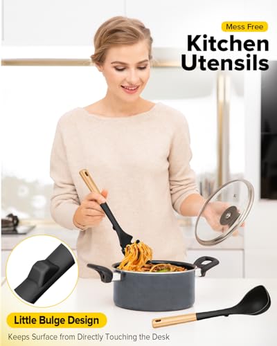 Silicone Soup Ladle and Pasta Spoon Set with Wooden Handle (2 Count)