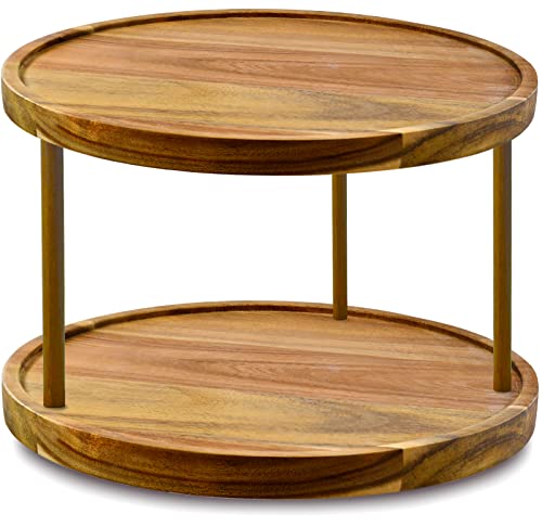 10" Two Tier Acacia Wood Lazy Susan Organizer Kitchen Turntable for Cabinet Pantry Table Organization
