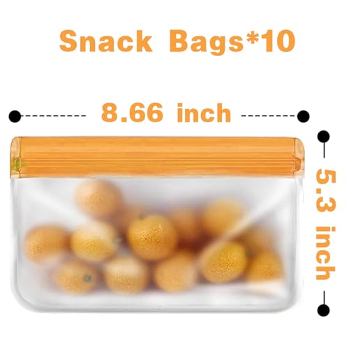 Reusable Snack Bags Dishwasher Safe (10 Pack Orange Snack Bags)