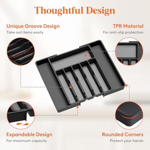 Extra Large Silverware Drawer Organizer (Black&Gray / XL Deep (13-22''W x 16.7''D))